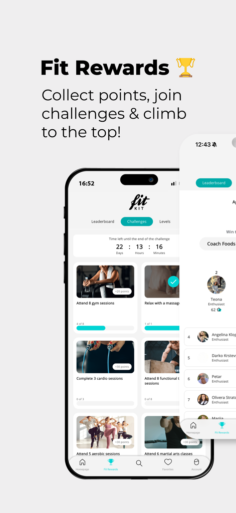 FitKit App rewards screen displaying fitness challenges and user leaderboard rankings.