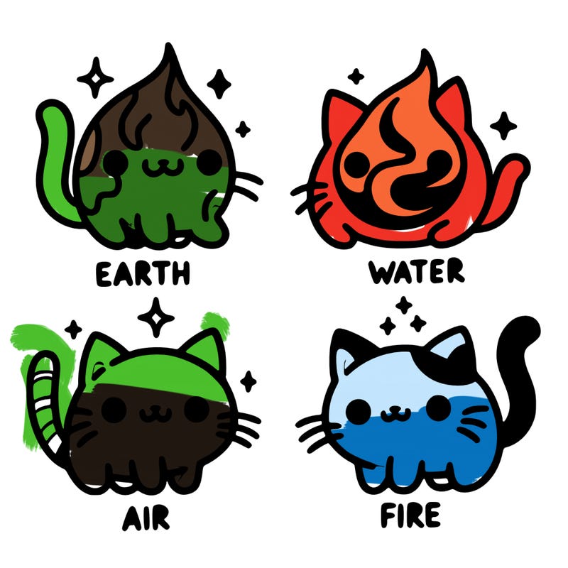 4 cats that represent the different elements, earth, water, air, and fire