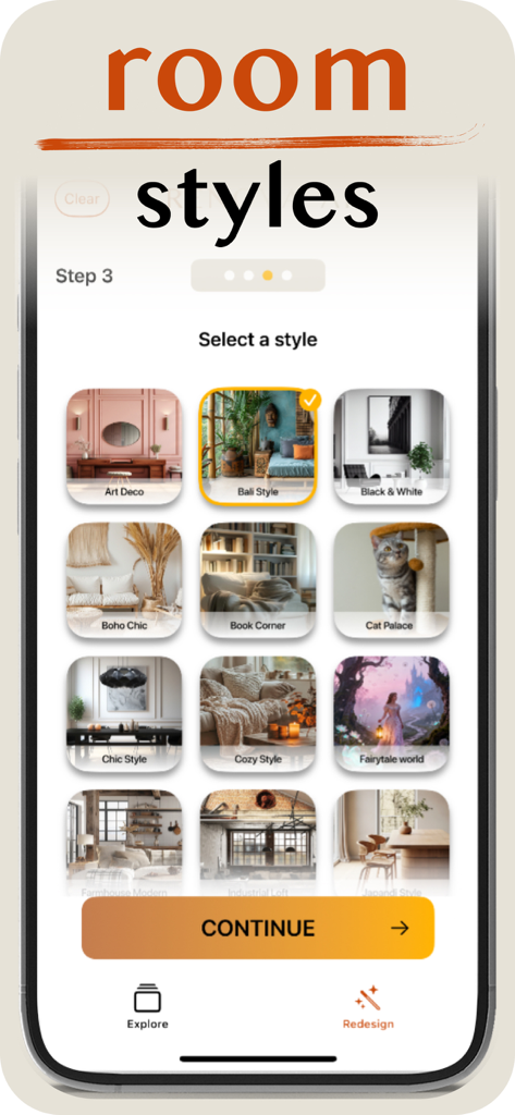 Home Design AI: Renova AI - Interface of the Renova AI app showing a selection of room design styles like Bali and Japandi.