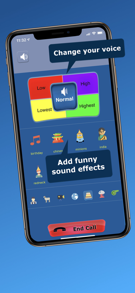 Call Voice Changer - IntCall - Smartphone-Bildschirm mit Echtzeit-Tonhöhensteuerungen und lustigen Soundeffekten in der Call Voice Changer-App.