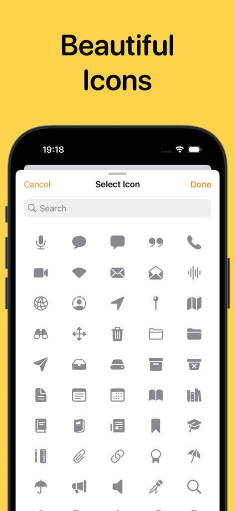 Reminders: Remind Things To Do - Una interfaz minimalista dentro de la aplicación Recordatorios que muestra una cuadrícula de varios iconos grises para la personalización de tareas, incluidas categorías como comunicación, viajes y educación.