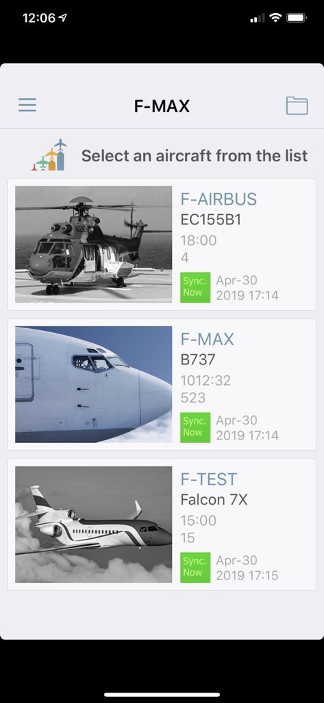 Blue Eye - Blue Eye app interface showing a list of aircraft for fleet selection and synchronization