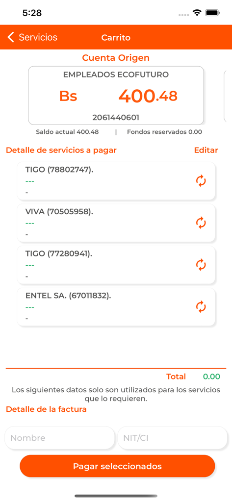 econet - Ecrã da aplicação econet para pagamento de faturas de telefone e serviços públicos na Bolívia