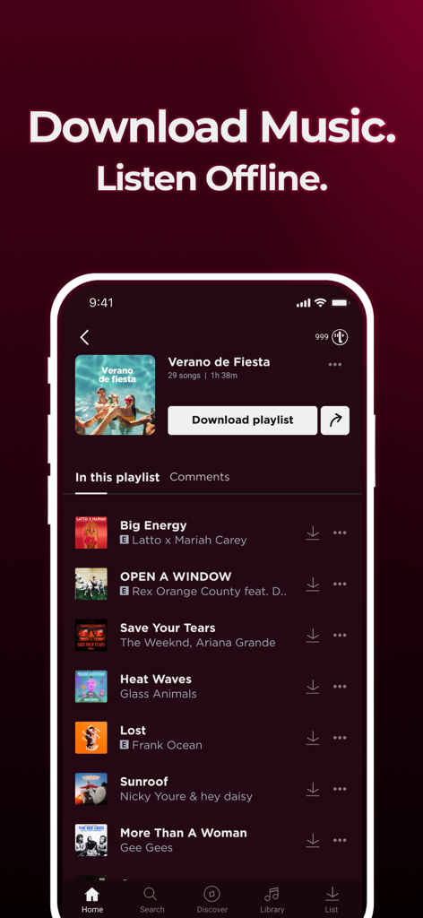 Uforia by TREBEL - Uforia by TREBEL app showing a music playlist with a download button for offline listening.