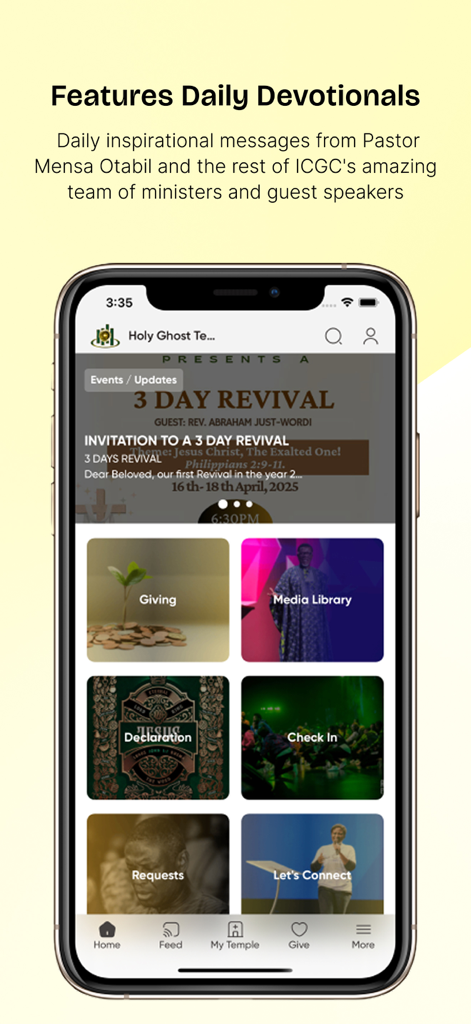 ICGC mobile app home screen featuring daily devotionals and church service features