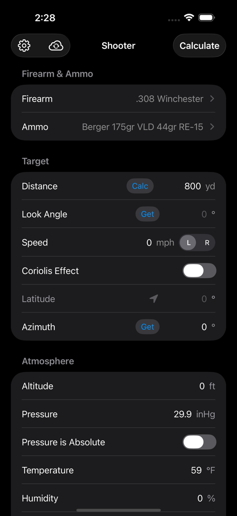 Shooter Ballistic Calculator interface with firearm ammo and target parameters
