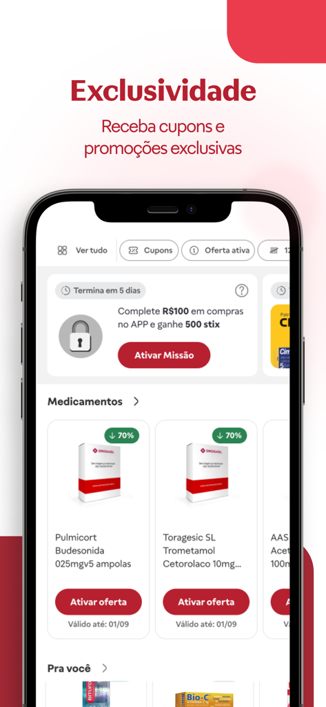 Drogasil mobile app showing exclusive pharmacy offers and medication discounts