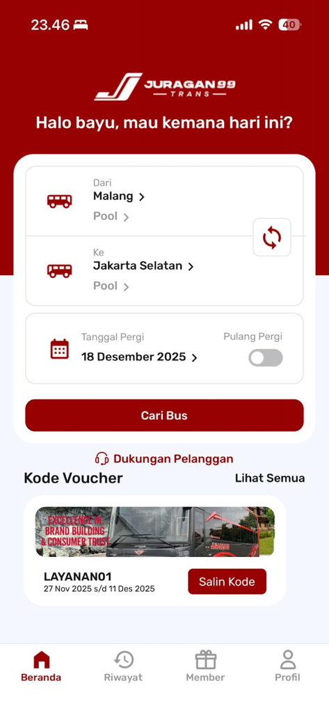 Juragan 99 Trans - Home screen of Juragan 99 Trans app for booking premium bus tickets in Indonesia.