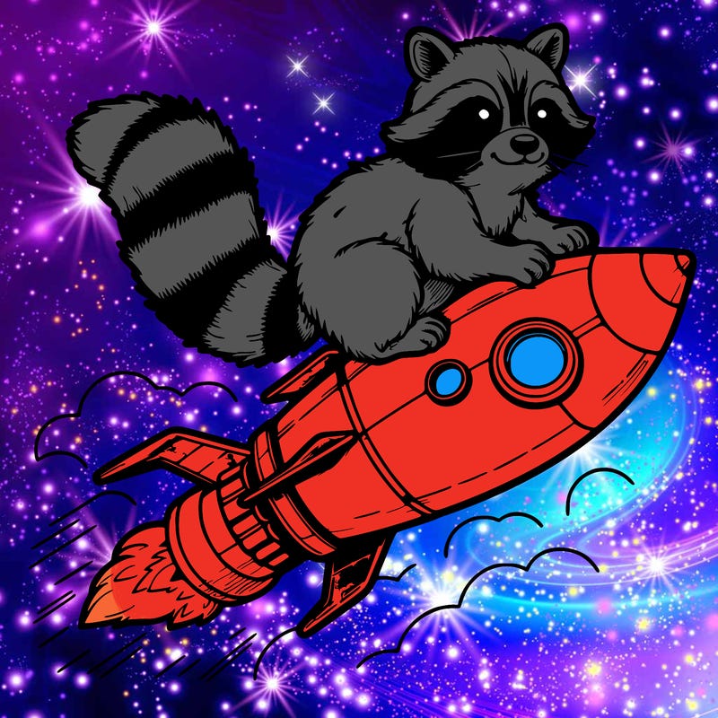 realistic raccoon flying on top rocket ship