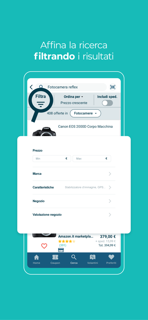 Interface de l'application Trovaprezzi montrant des filtres de recherche avancés pour la comparaison de prix et de marques