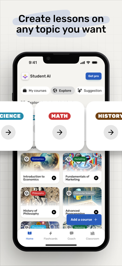 수학 과학 및 역사에 대한 개인화된 학습 과정을 보여주는 Student AI 앱 홈 화면