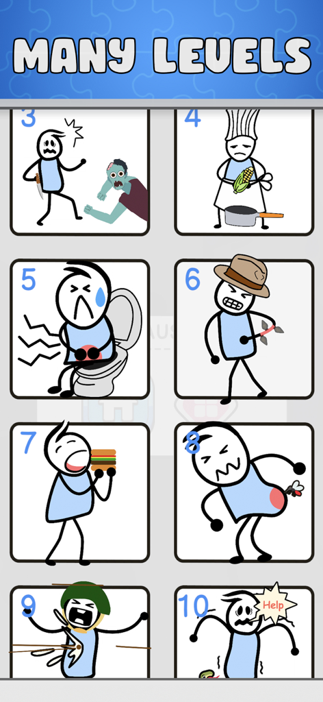 Help Me - Tricky Story 2 - A selection of diverse puzzle levels from the game Help Me Tricky Story 2 featuring funny stick figure scenarios.