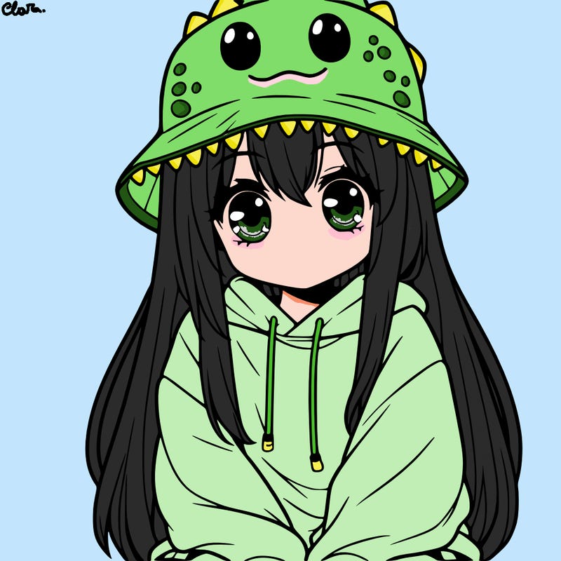 girl with anime shaped eyes with a dinosaur bucket hat oversized sweatshirt long straight hair