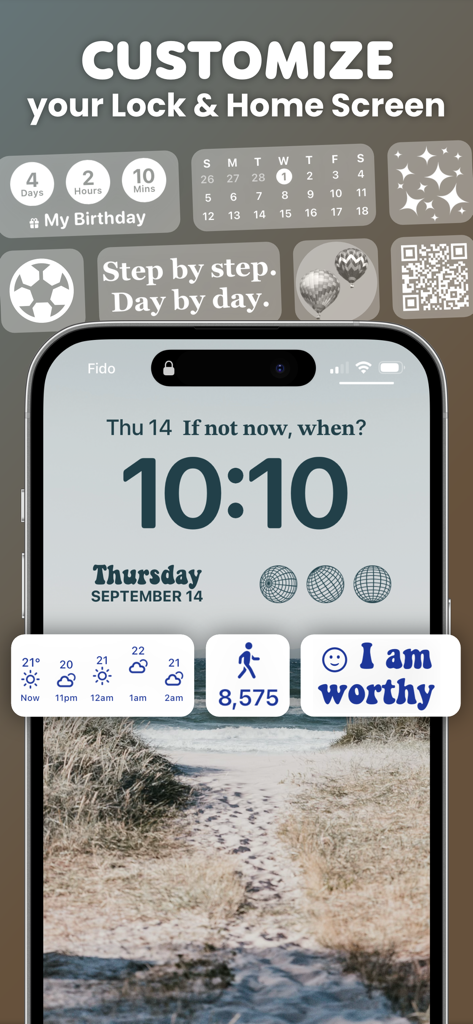 Aesthetic iPhone lock screen customized with weather step counter and quote widgets using the Color Widgets app