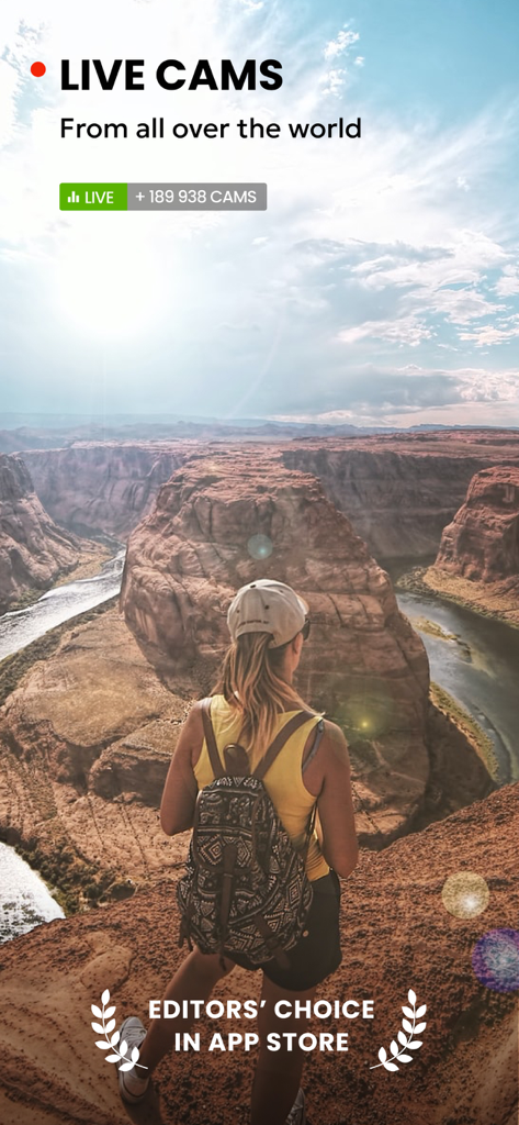 Écran d'application montrant une femme surplombant un canyon avec un compteur de webcams en direct et le badge Choix de la rédaction