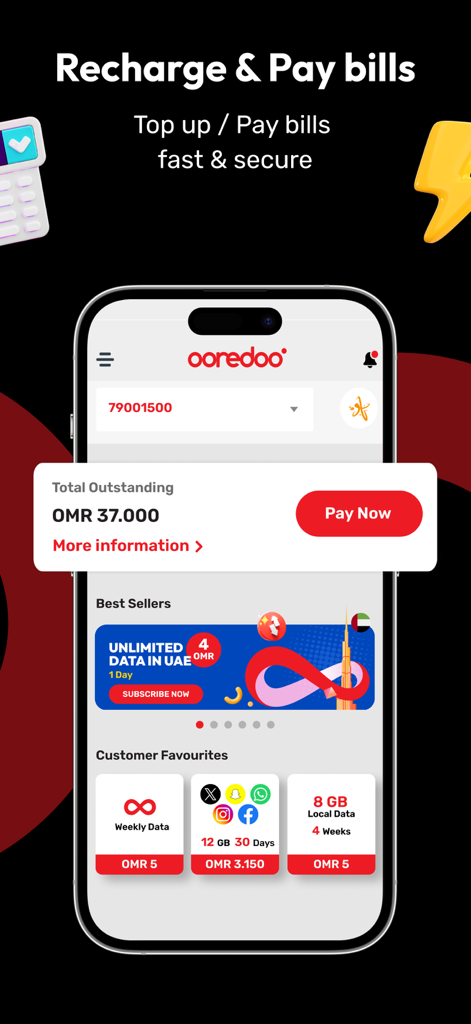 Ooredoo Oman - Ooredoo Oman Mobile App-Oberfläche mit Optionen zur Rechnungszahlung und Datentarifen