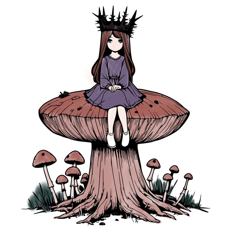 realistic girl sitting on a huge tree stump size toadstool with thorn crown