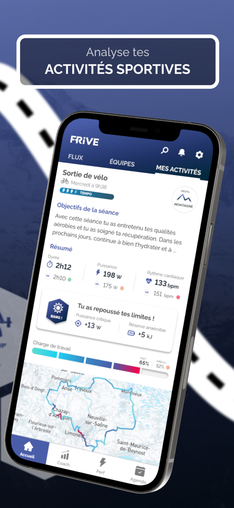 Frive app displaying detailed cycling performance analysis with ride metrics and GPS map