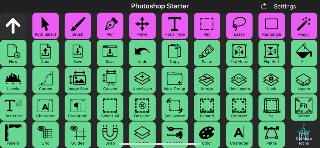 Touch Portal - Ein Raster von anpassbaren Makro-Tasten für Adobe Photoshop innerhalb der Touch Portal App