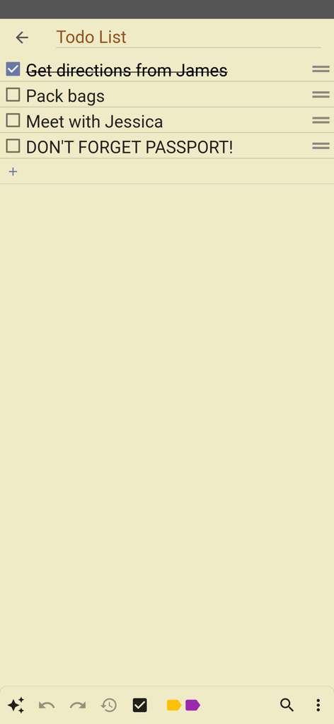 Inkpad Notepad - Notes - To do - Una lista de tareas simple sobre un fondo de papel amarillo en la aplicación Inkpad Notepad