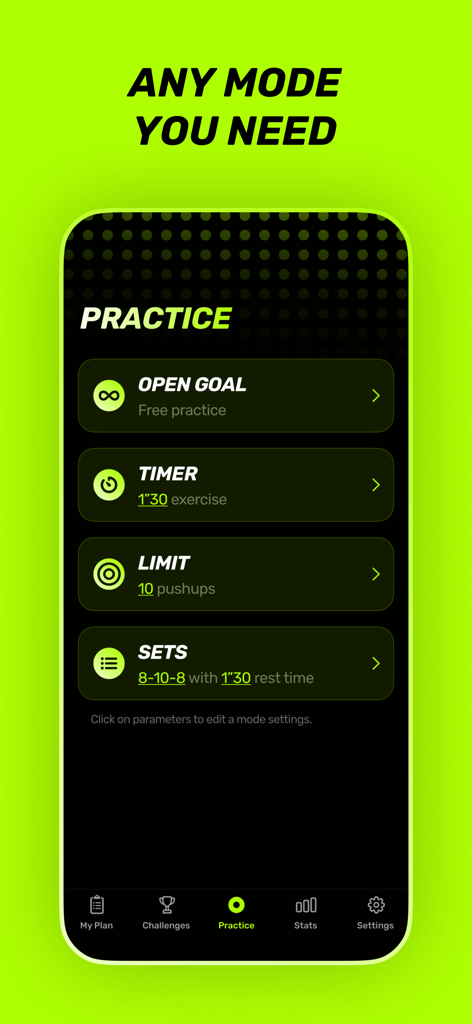 Practice screen of Puuush app featuring different push-up workout modes like timer and sets.