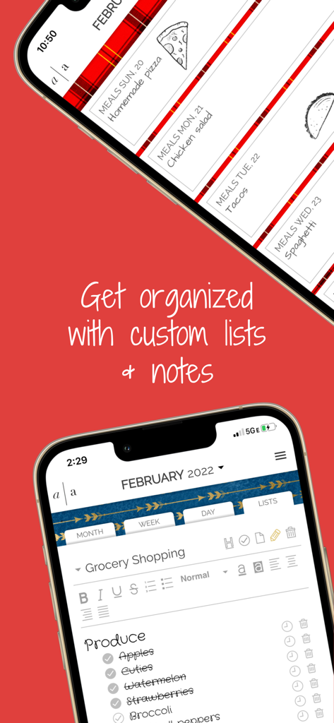 Artful Agenda - Mobile app interface for Artful Agenda showing customizable lists and meal planning.