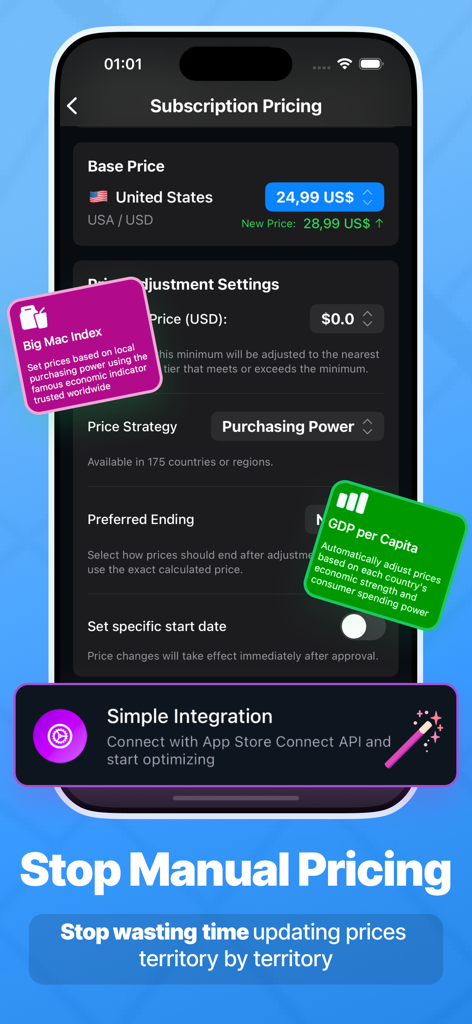 Screenshot of Price Localize app showing subscription pricing settings based on Big Mac Index and GDP per capita.