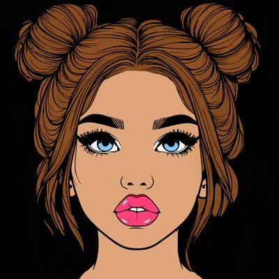 realistic girl with two buns on her hair and lips