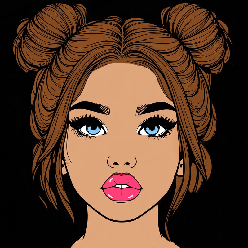 realistic girl with two buns on her hair and lips