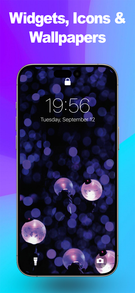 Kpop Themes & Widgets - Una pantalla de bloqueo de smartphone con un fondo de pantalla de lightstick K-pop púrpura con texto superpuesto en la imagen.