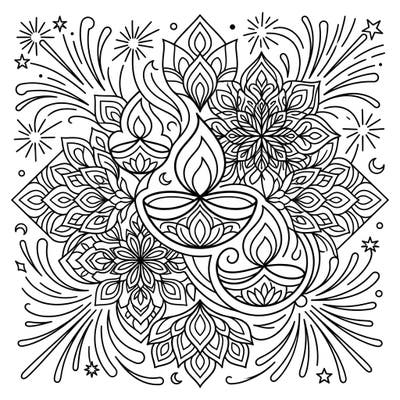 Immerse yourself in the festive spirit of Diwali with this stunning abstract art coloring page. Featuring intricate diyas, mesmerizing patterns, and celebratory elements, it's perfect for a relaxing and creative experience.