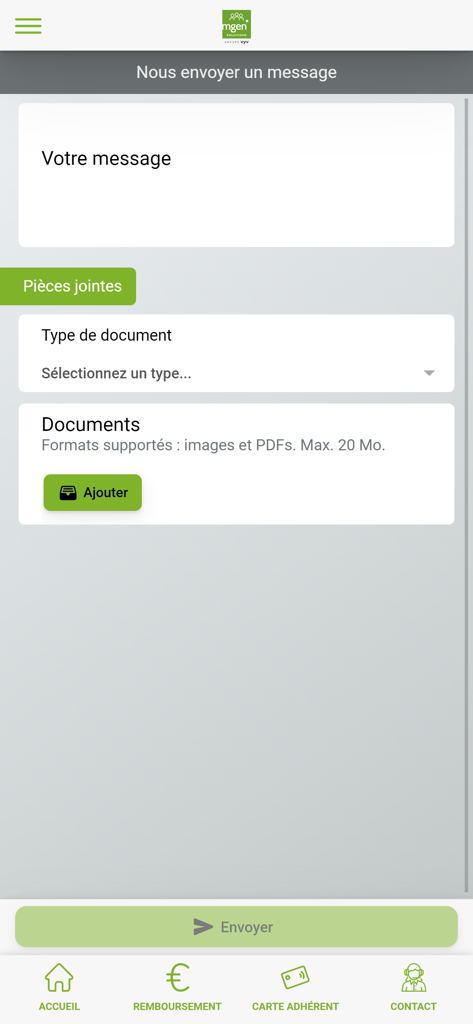 Contact screen of MGEN Solutions app for sending messages and attaching documents