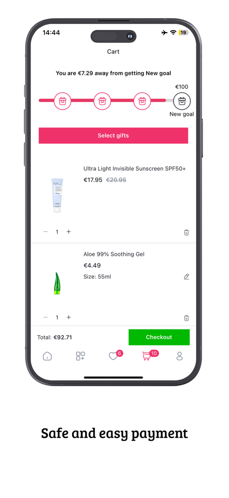 Boozyshop - the make up app - Boozyshop app shopping cart interface showing sunscreen and aloe gel with a rewards progress bar for free gifts