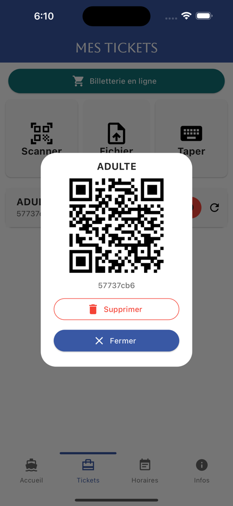 Digital ferry ticket with a QR code in the Aremiti mobile app