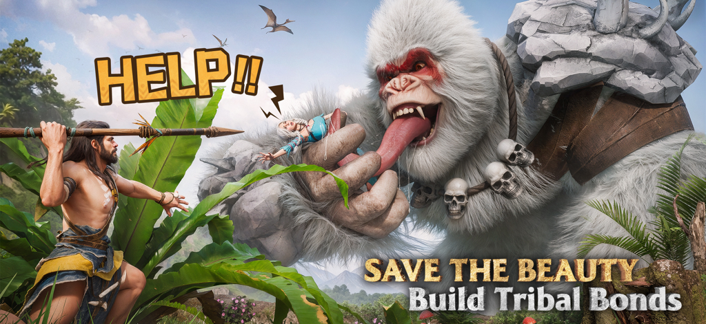 Un guerrero de la Edad de Piedra con una lanza enfrentando a un simio blanco gigante que sostiene a una mujer cautiva