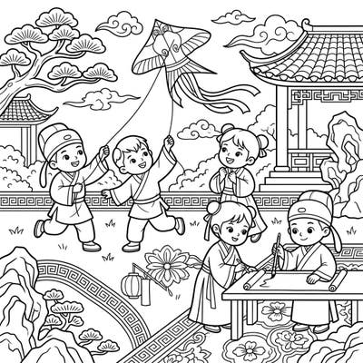 Embark on a coloring journey to the Ming Dynasty with this delightful scene featuring children in traditional attire. Watch as they fly kites and engage in artistic activities amidst classic Chinese scenery, perfect for young historians aged 4-8.