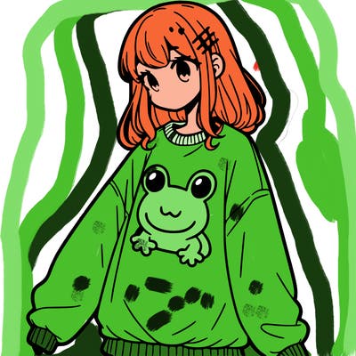girl wearing frogging sweatshirt
