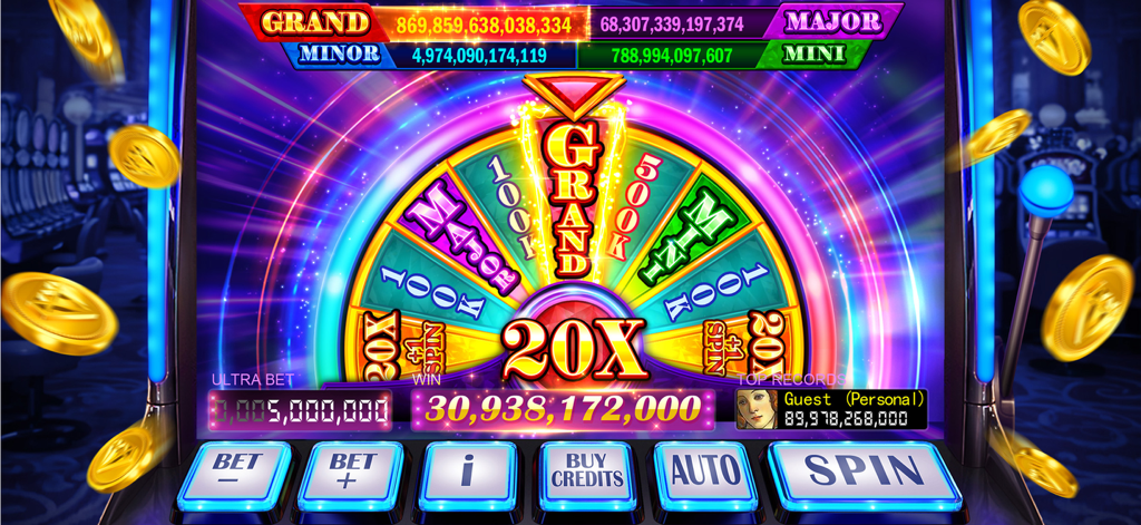Classic Slots casino game bonus wheel with a 20X multiplier and jackpot rewards
