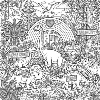 Journey back to a prehistoric jungle where mighty dinosaurs celebrate the vibrant spirit of Pride. This engaging coloring page blends ancient wonders with powerful messages of love and equality, perfect for all ages.