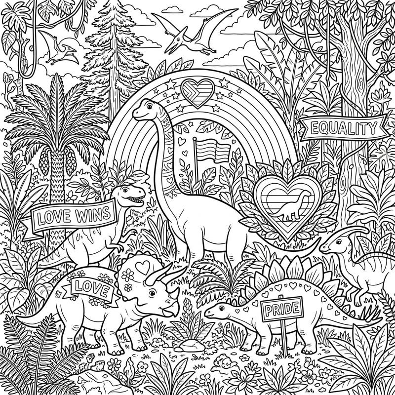 Journey back to a prehistoric jungle where mighty dinosaurs celebrate the vibrant spirit of Pride. This engaging coloring page blends ancient wonders with powerful messages of love and equality, perfect for all ages.