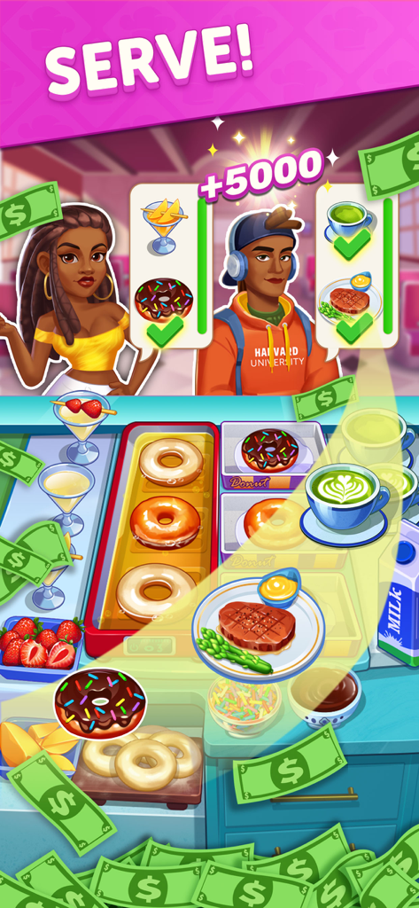 Gameplay screenshot of Cooking Cash showing players serving food to customers for cash rewards.