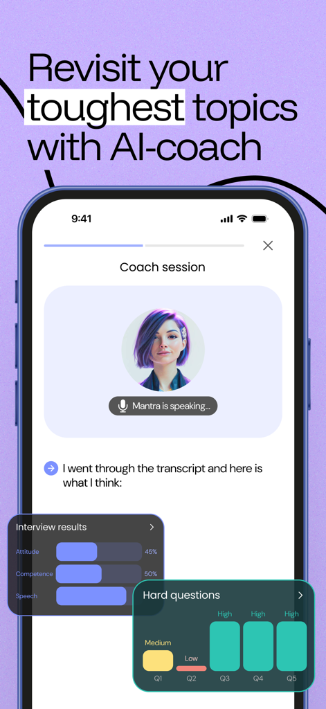 Un coach de entrevistas de IA proporcionando feedback y análisis de rendimiento en la aplicación Duos