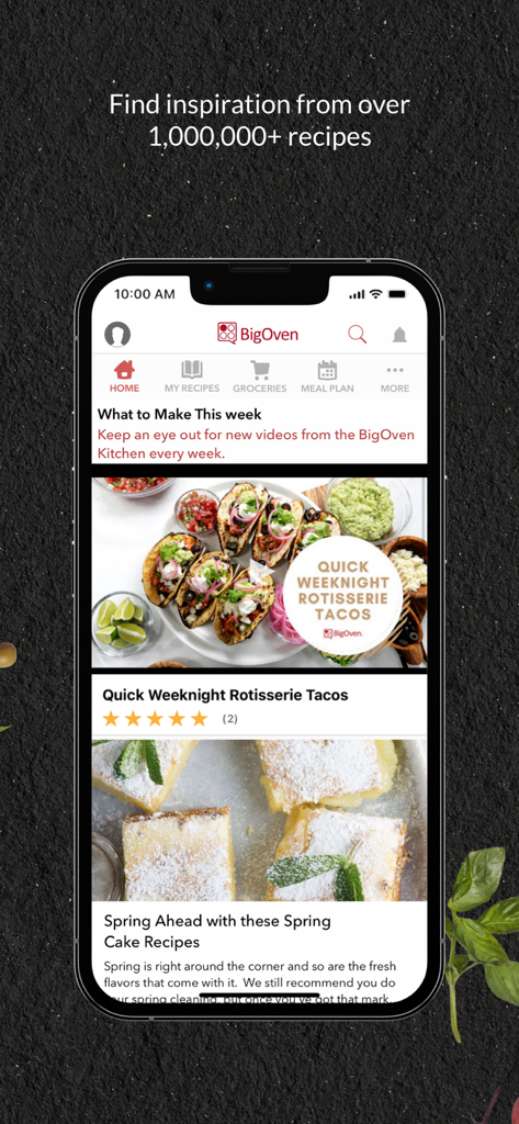 BigOven Recipes & Meal Planner - Pantalla principal de la aplicación BigOven mostrando inspiración de recetas e ideas de comidas semanales