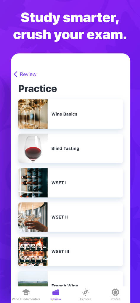 A mobile app screen showing practice modules for wine certifications like WSET