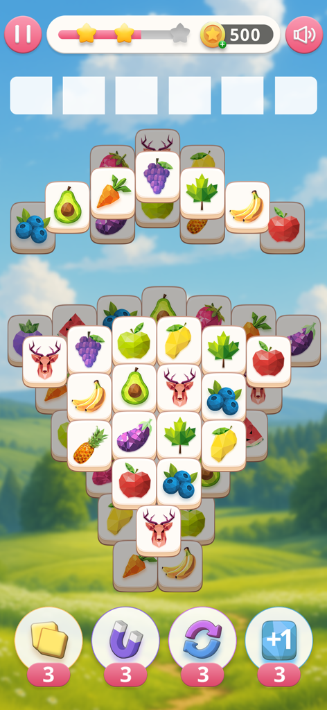2 Tiles - Duo Match - Tile matching gameplay of 2 Tiles Duo Match with fruit icons and a peaceful landscape background
