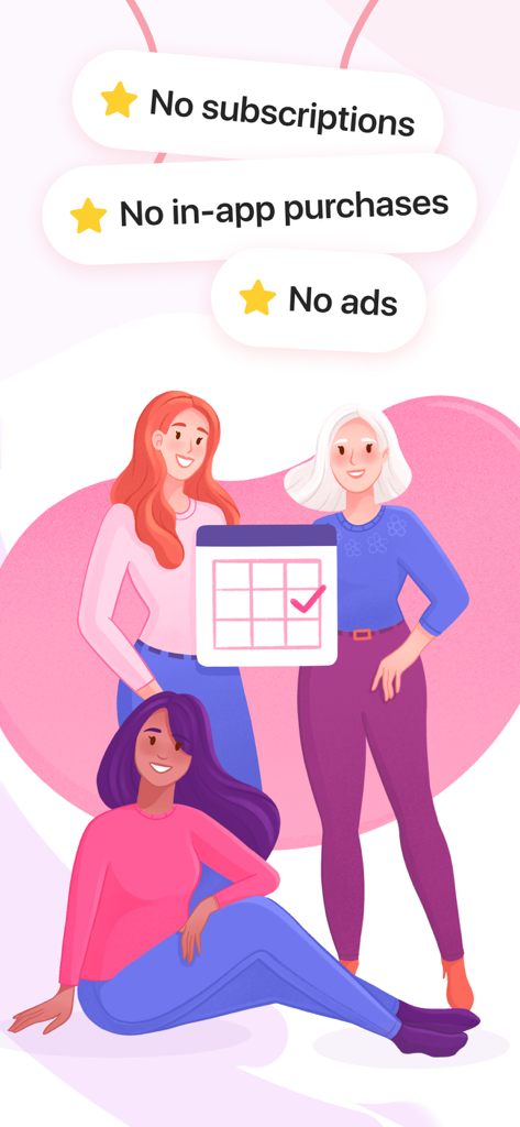 My Cycle ؜ - Three women with a calendar icon showing the My Cycle app has no ads or subscriptions