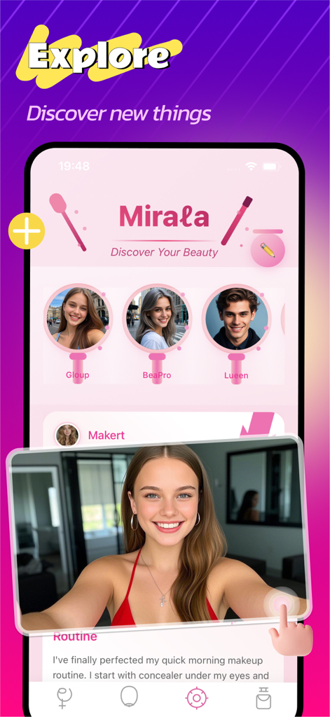 Explore screen of the Mira beauty app showing user profiles and shared makeup routines