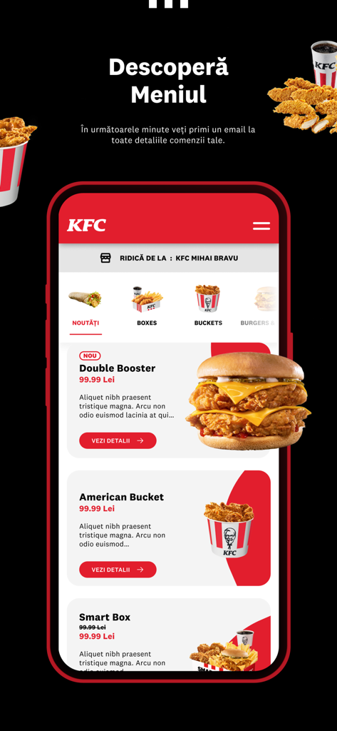KFC Romania mobile app interface showing the food menu with burgers and chicken buckets