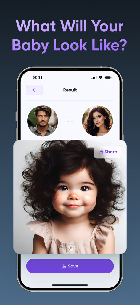 AI Baby Generator app interface showing a predicted future baby face based on parent photos
