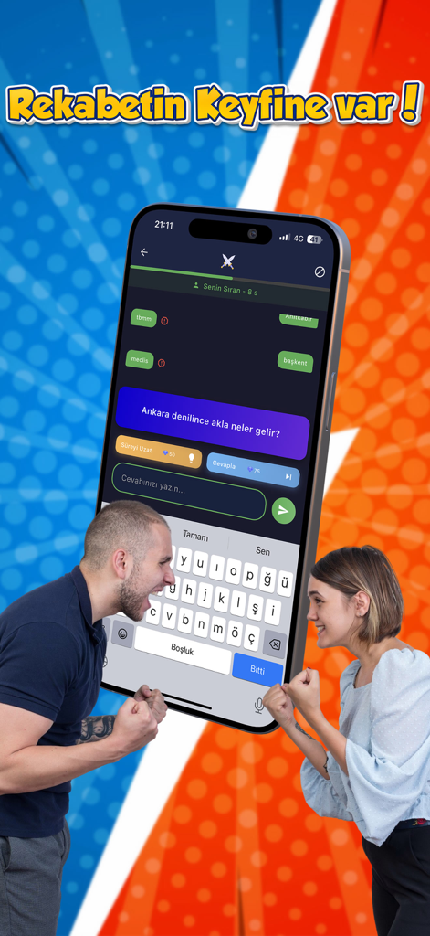 Two people competing in a real-time word duel on a mobile phone